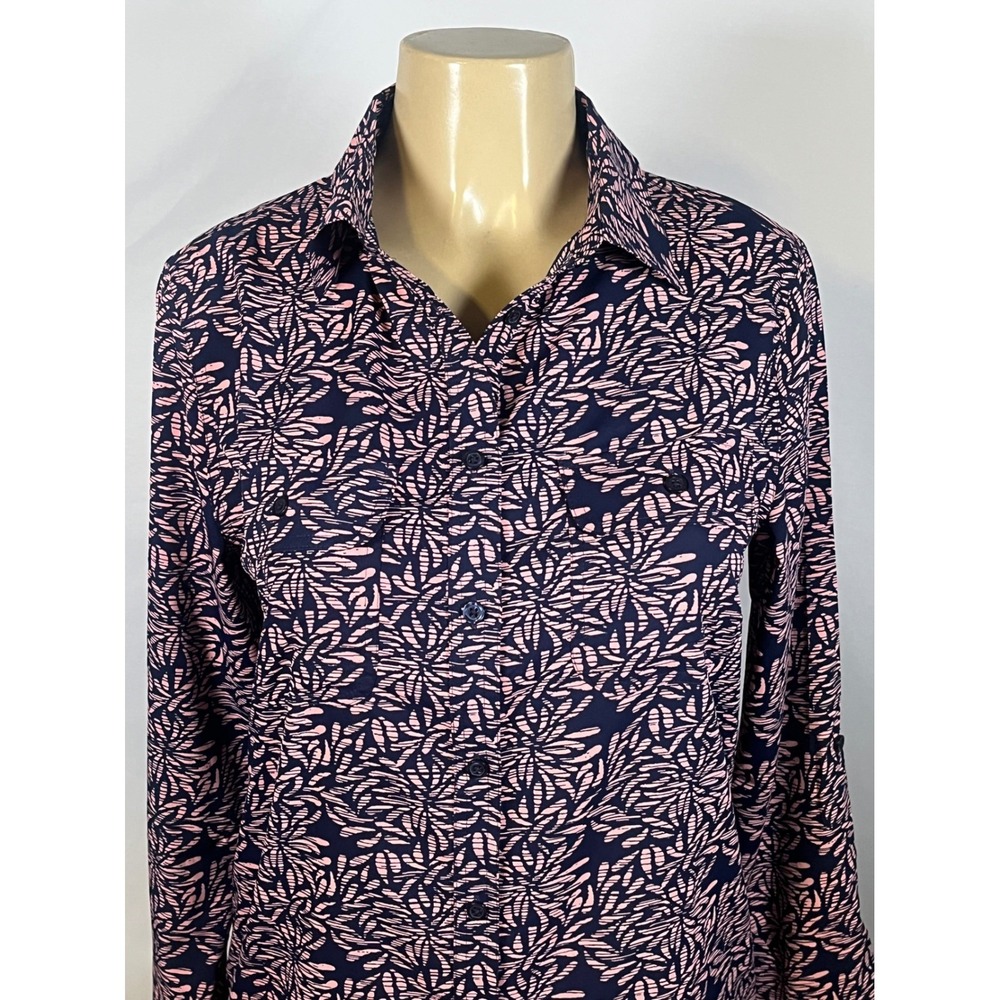 Coolibar Womens Small UPF 50+ Sun Shirt Navy Pink Floral Button Up Tunic Top
